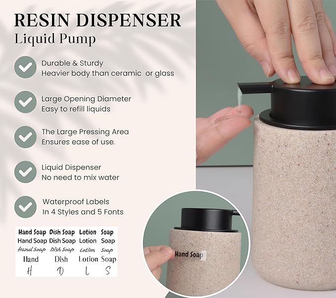 Clasin Home Resin Hand Soap Dispenser Easy-to-Press Liquid Pump, Refillable Soap Dispenser with Sandstone Like Finish, Waterproof Bottle Labels for Bathroom Kitchen Dish Lotion (Beige,10 oz)