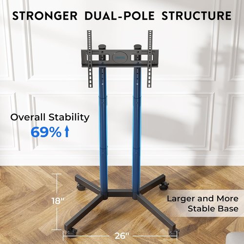 BONTEC Rolling TV Stand - Height Adjustable Mobile Cart for 32-75 Inch TVs | Supports Up to 110lbs, Dual-Column Design