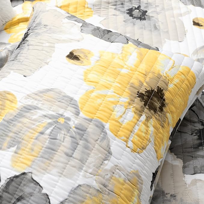 Lush Decor Leah Reversible Floral Quilt Set, 8 Piece Set, Full/ Queen, Yellow & Gray - Charming Floral Bedding Set With Pillow Cases, Decorative Throw Pillows & Bed Skirt- Large Watercolor Flowers