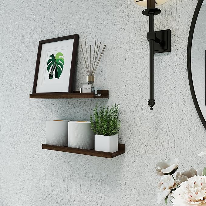 Floating Shelves for Wall Decor, Wall Mounted Wood Storage Shelf for Bedroom, Living Room, Bathroom, Kitchen, Nursery, Display Picture Ledge Shelf with Lip Set of 2-14 Inches, Walnut
