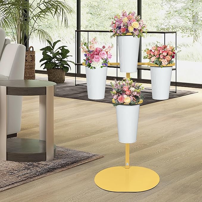 PROLEE Flower Display Stand with 4 Buckets, Flower Pot Stand, Flower Stand Metal, Florist Bouquet Shelf for Wedding, Party, Events, Oval Base, Gold