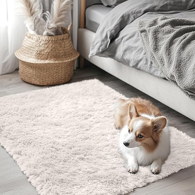 OLANLY 3x3 Machine Washable Small Bedside Rug, Soft Fluffy Shaggy Entryway Throw Rugs for Bedroom, Living Room, Indoor Floor Carpet for Kids Girls and Boys, Nursery Rooms, Home Decor Aesthetic, Ivory