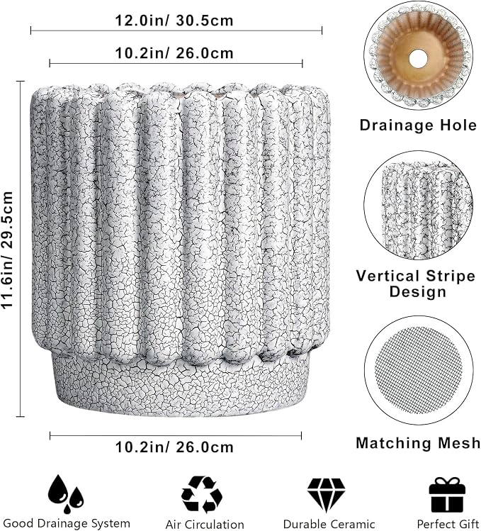 Ceramicfor Ceramic Planter for Indoor Plants - 12 Inch Plant Pot Indoor with Drainage Hole, Large Ceramic Flower Pots Outdoor, Fluted Round Planter, Home Decor, Gardening Gifts, Black and White