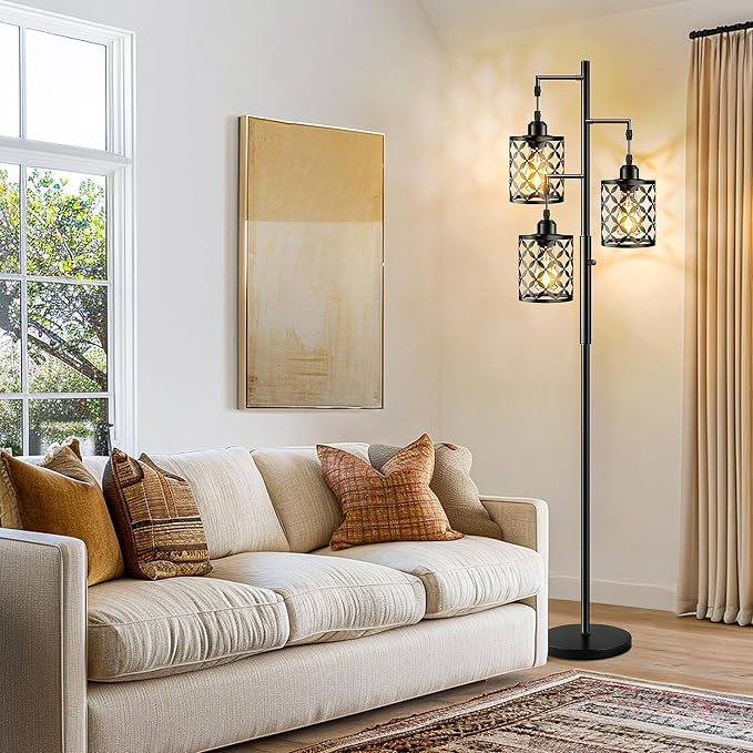 Dimmable Floor Lamp, Farmhouse Standing Lamp with Elegant Metal Cage, Industrial Tall Tree Floor Lamps for Living Room, Bedroom, Study Room, Office, 3 x 800LM LED Bulbs Included, 72", Black