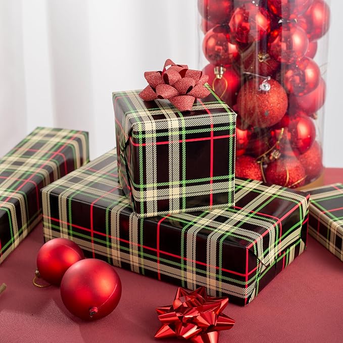MAYPLUSS Wrapping Paper Roll 17in* 32.8 feet Black and Green Plaid with Red Line for Christmas,Birthday,Party,Holiday,Vintage Wrapping Paper for all Occassions (TTL:46.8sqft)
