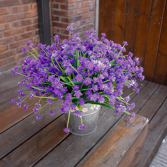 Artificial Flowers Outdoors, 12 Bundles No Fade Fake Flowers UV-Anti Easy to Clean Faux Greenery Plants Faux Plastic Plants Garden for Indoor Outdoor Home Garden Decoration, Purple