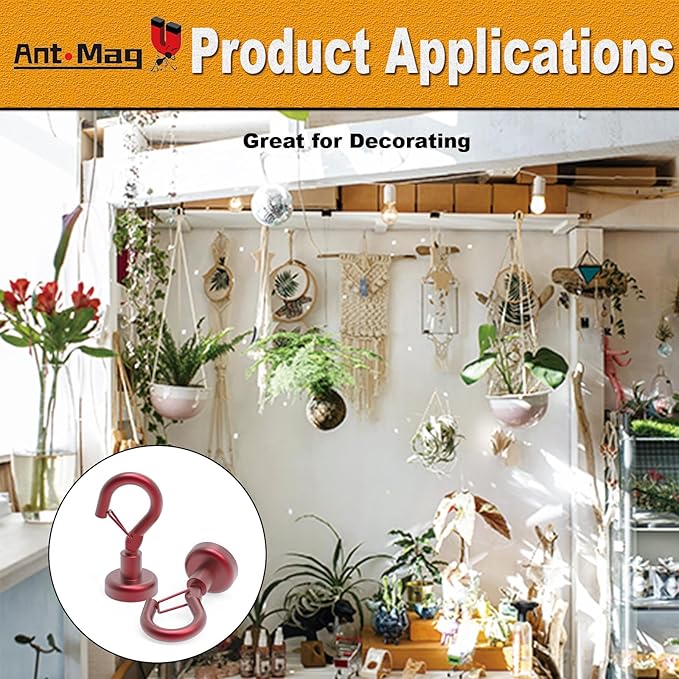 Ant Mag Magnetic Hooks Heavy Duty with Snap 22lbs Strong Red Magnet Hooks Great Hanging for Refrigerator, Cruise Cabin, Grill, Wreath,Kitchen,Office 8 Pack