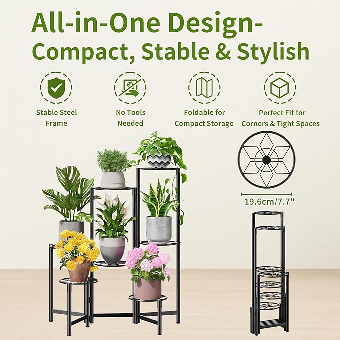 7 Tier Metal Patio Plant Stand Outdoor, Heavy Duty Flower Stands for Indoor Plants, Floding Tall Corner Shelf for Diaplay Racks for Home Decor, Graden, Balcony -BlackDiamond