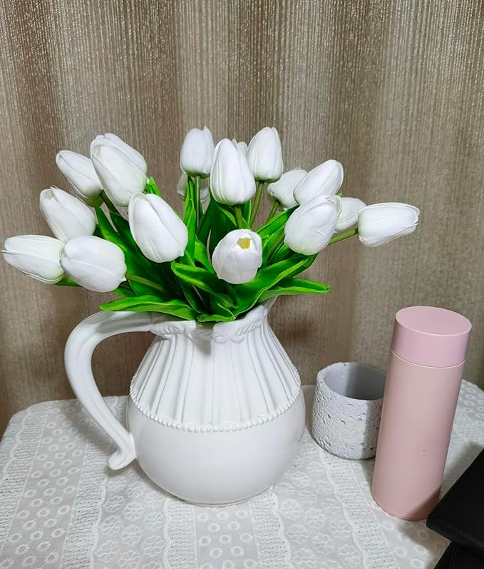 Artificial Tulips 10 Heads Mini Real Touch Artificial Flowers Fake Tulip for Home Decor Wedding Party DIY Bouquet Flowers (White)