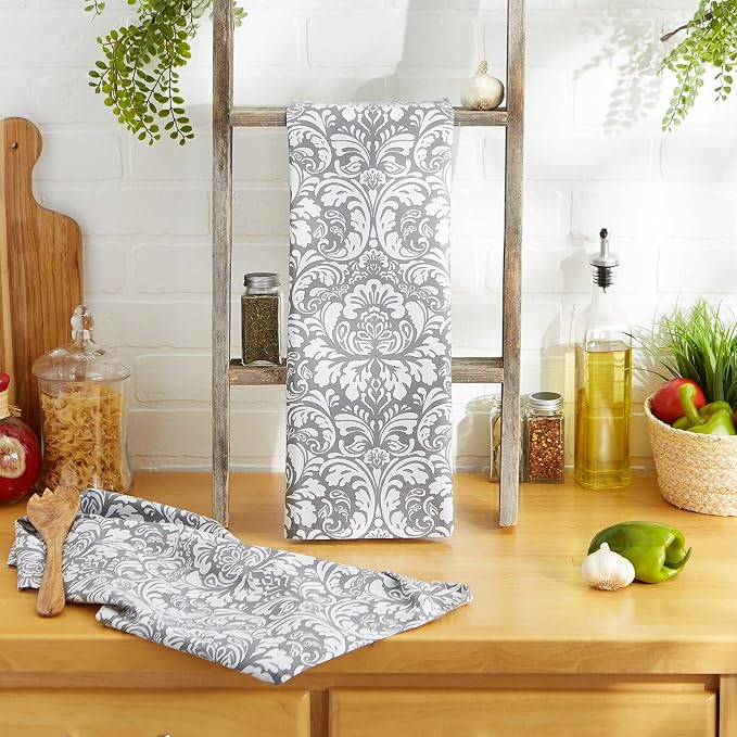 DII Cotton Dish Towel Set Damask Print, 18x28, Gray, 2 Count