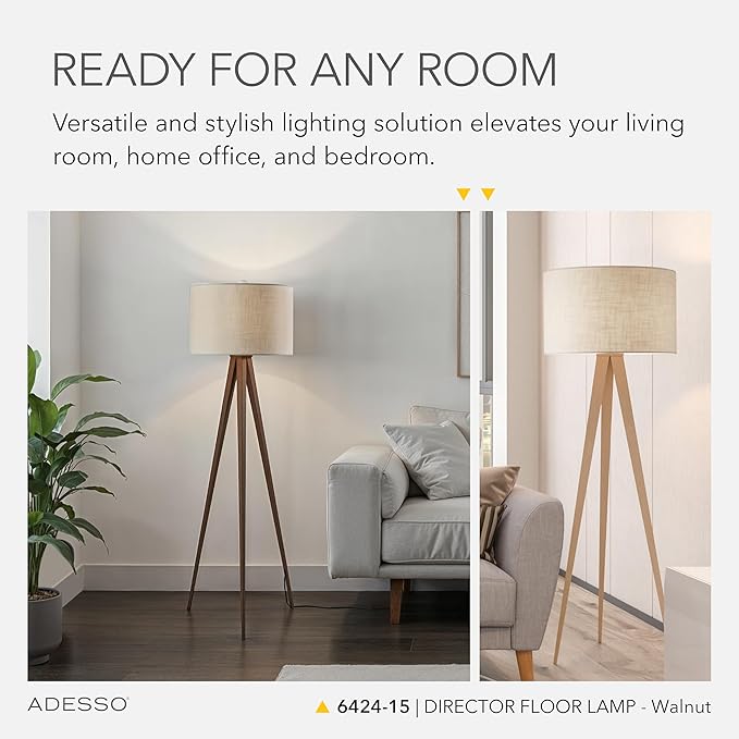 Adesso Floor Lamp with Walnut Rosewood Veneer and Beige Fabric Lampshade – 3-Way Adjustable Brightness, Lamp for Bedroom, Living Room, and House Décor, 60.25” x 21”