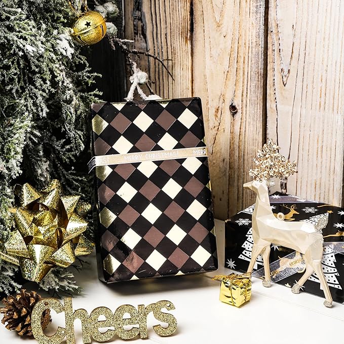 LeZakaa Black Gold Christmas Wrapping Paper Mini Roll, Reindeer Snowflake Tree Grid Metallic Foil Holiday Gift Wrap, DIY Craft, for Xmas Winter Party, 17 x 120 inches, 3 Rolls