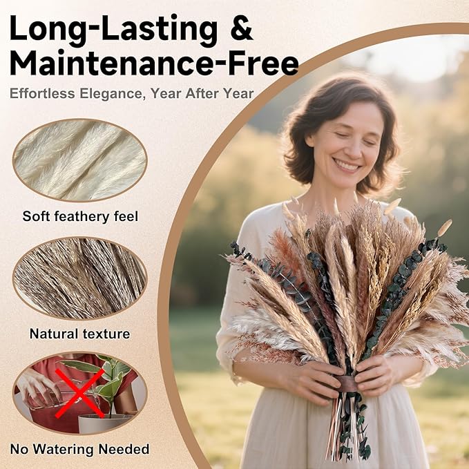 Pampas Grass Boho Home Decor 71PCS 17 inch Natural Dried Flowers for Vase Eucalyptus Stems Pompas Dried Flowers Bouquet DIY Arrangements Boho Wedding Bedroom Tables Decoration