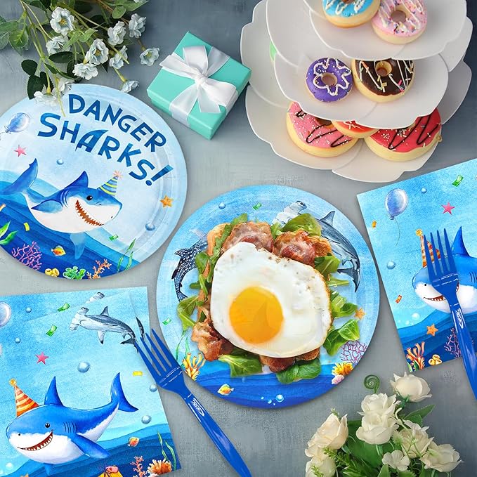 48Pcs Shark Birthday Party Decorations Include Plates Napkins Forks for Baby Shower Summer Pool Party Decor Serves 16 Guests