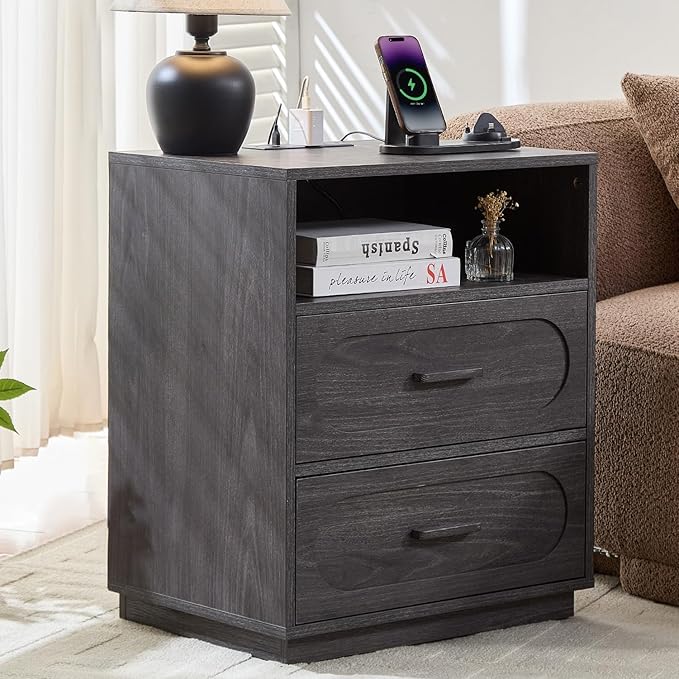 Gray Night Stand with Charging Station, 21.7" Wide Wood End Table with 2 Storage Drawers, Open Shelf & Unique Base, Mid Century Modern Bedside Table for Bedroom, Living Room, Gray