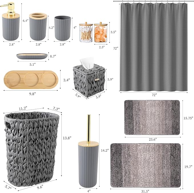 Bathroom Accessories Set, 25PCS Wicker Bathroom Accessory Set with Shower Curtain, Bath Mat, Soap Dispenser, Handwoven Trash Can & Rattan Tissue Box (Grey, Bath Set+Shower Curtain+Rugs)