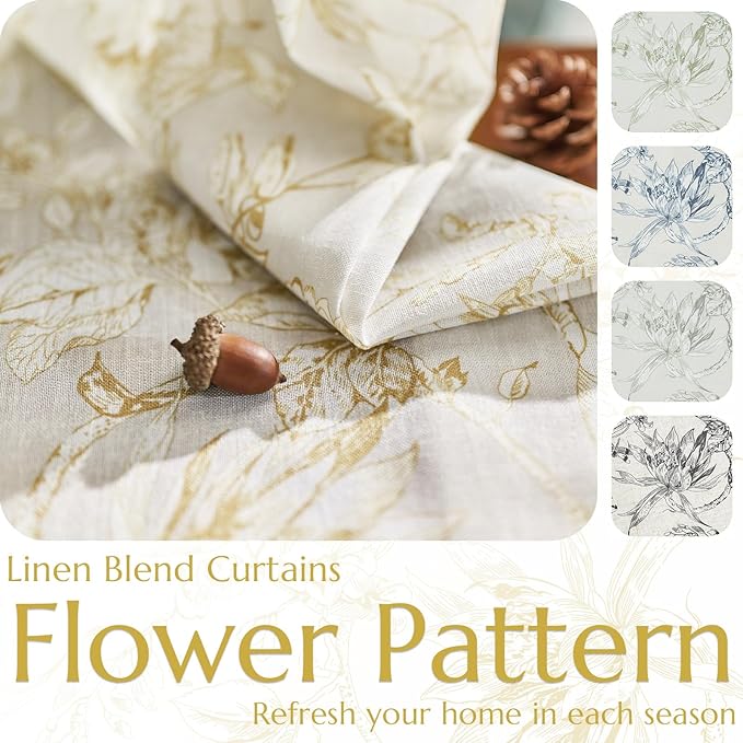 jinchan Floral Curtains 63 Inch Length Mustard Yellow Flower Linen Farmhouse Curtain for Living Room French Country Vintage Curtain Rod Pocket Curtains Set 2 Panels Floral Printed