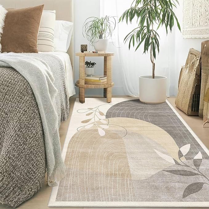 MUJOO 3x5 Washable Rugs,Boho Large Area Rug for Entryway Kitchen Entry Bedroom Bedside Foyer,Small Throw Carpet Indoor Non Slip Mid Century Modern Abstract Botanical Geometric Accent Neutral Beige