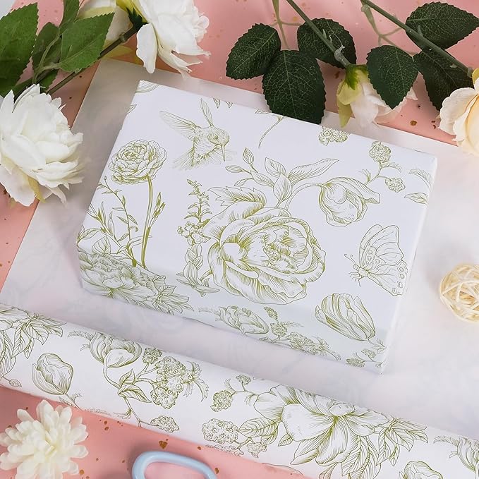 RayofSun Green Floral Wrapping Paper Roll 17 in x 16.5 ft Mini Roll Vintage Toile Flower Gift Wrap Paper for All Occasion Wedding Birthday Bridal Shower Party Baby Shower Christmas