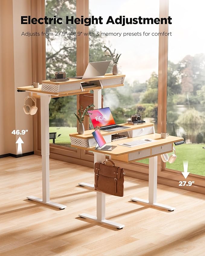 FiCiHi Adjustable Height Standing Desk with 4 Drawers,40 x 24 inches Electric Sit Stand Home Office Desk with Two Tiers, 3 Memory Presets, Monitor Stand Riser, C-Clamp Mount Compatible