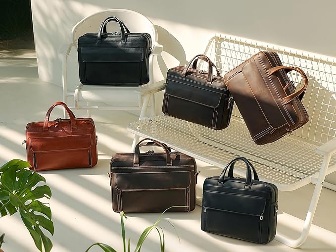 Masa Kawa Leather Briefcase for Men 15.6", 17" Laptop Computer Case Business Travel Work Messenger Cross Body Shoulder Bag
