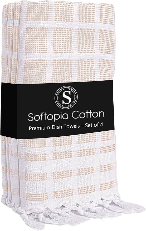 Matrix Dobby Kitchen Towels 4 Pack 100% Cotton, 16"x26", Handmade Knotted Tassel Dish Towels, Reusable & Washable Cloths for Drying, Absorbent Tea Towel for Cleaning - Beige, White