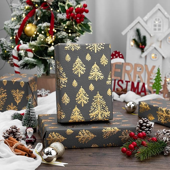 Flyhill Dark Gray Kraft Christmas Wrapping Paper,Lusury Gold 3D Embossed Foil Christmas Trees Design with Woodlands Wrap Paper for Holiday, Party,Celebration, New Year(17 Inch X 32.8 Feet)
