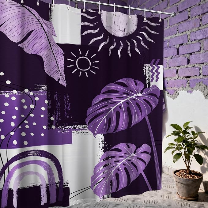 Small Stall Narrow Dark Purple Shower Curtain Lavender Stand Up Mid Century Modern Shower Curtains for Rv Camper Bathroom Decor Sets, Waterproof Cloth Fabric with Hooks, 48 x 72 Inch