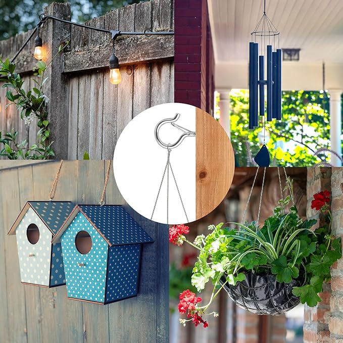FSAH 50 Pack Screw-in Hooks for Outdoor String Lights, Q Hanger Hooks for Outside, Swivel Hanging Basket Patio Hook with Safe Buckle, Plant Eye Hook for Wall Ceiling with 1 Wing Nut Driver, Silver