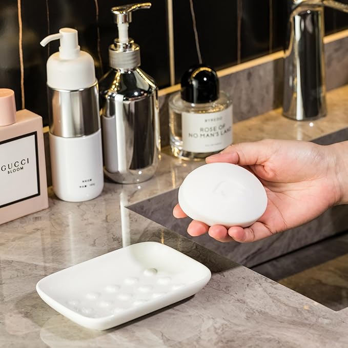 Miamolo Soap Dish, Ceramic Soap Holder Shower Soap Dish for Bar Soap Sponge, Soap Saver Tray for Bathroom Kitchen Sink, White