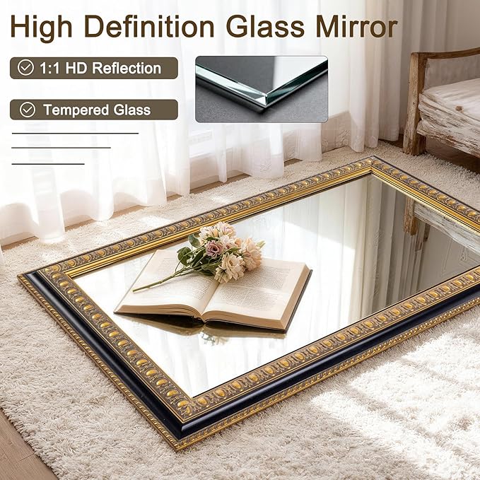 Vintage Wall Mirror for Living Room, 48" L x 24" W Large Gold Mirror for Wall with Carved Wood Frame, Rectangular Baroque Mirrors for Bathroom Entrance Hallyway, Horizontal/Vertical Hanging