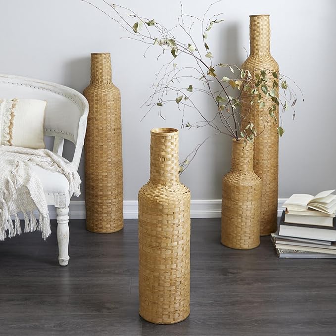 Deco 79 Bamboo Wood Decorative Vase Tall Woven Floor Centerpiece Vase, Vase for Home Decoration 8" x 8" x 30", Brown