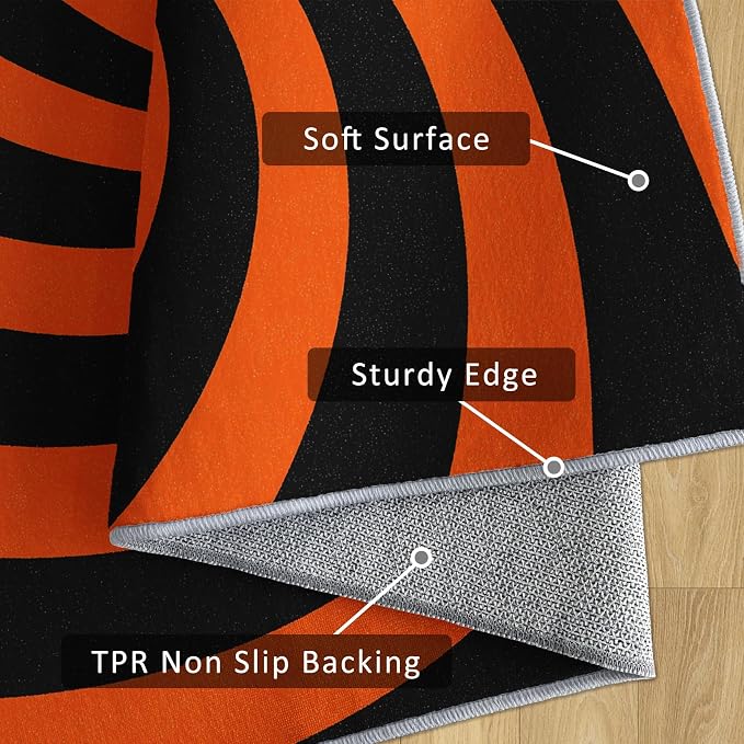 70s Rug Large 7x10 Swirl Abstract Black Orange Striped Pattern Area Rugs for Living Room, Bedroom, 70s Home Decor Accessories Indoor Carpet, Non Slip & Machine Washable, GD0381