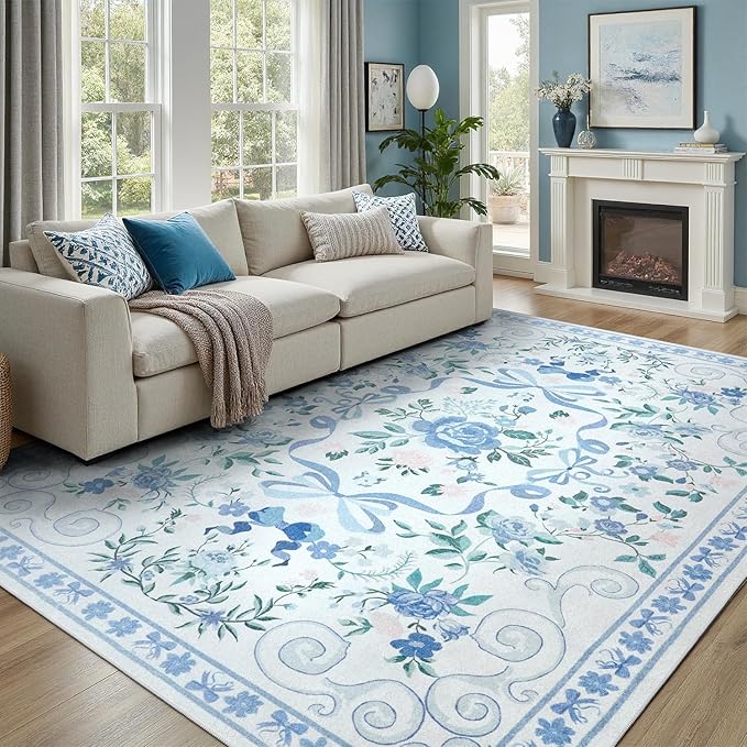 DCX Washable 4x6 Bow Rug, Blue Floral Rug for Girls’ Bedroom, Cute Soft Low Pile Indoor Décor Carpet, Kid & Pet Friendly Nursery Rug for Living Room, Dorm, Playroom
