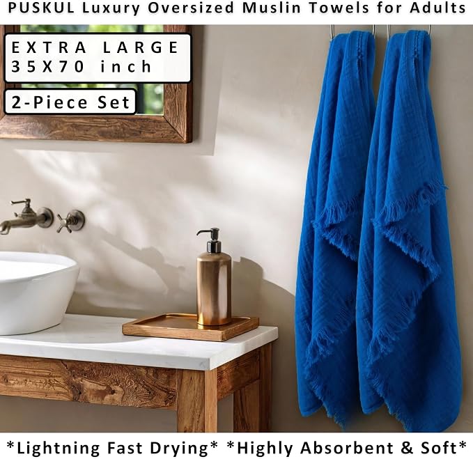 PÜSKÜL - Premium 2-Piece Oversized Muslin Bath Towel for Adult 35x70 Extra Large Bath Sheets | Natural 100% Turkish Cotton Soft Absorbent Quick-Dry Light Spa & Beach Towels (Pack of 2, Royal Blue)