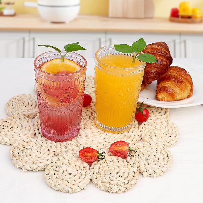 Loivttvv 6pcs Vintage Drinking Glasses Set, 12 oz Pink Highball Glasses, Embossed Ribbed Glassware Cups for Cocktail, Water, Juice, Coffee, Whiskey