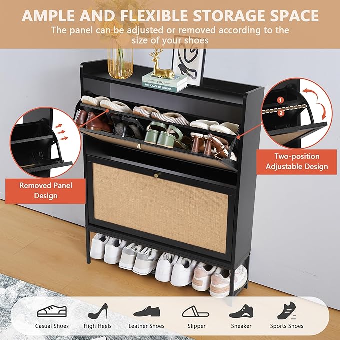 LEVNARY Shoe Storage Cabinet with 2 Flip Drawers, Wooden Narrow Shoe Cabinet Storage for Entryway, Freestanding Shoe Rack Organizer Cabinet with Metal Legs for Hallway (1, Black)