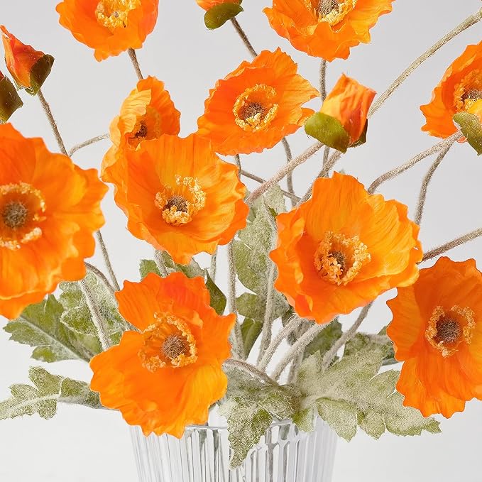 6PCS Orange Poppies Artificial Flowers Faux Poppy Silk Orange Flowers with Long Stems for Home Table Office Fall Outdoor Indoor Baby Shower Halloween Arrangements