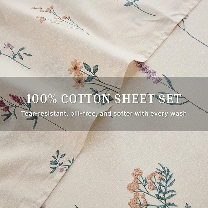 Cream Floral Sheets Set King Size 100% Cotton, 4 Pieces, Soft & Breathable Percale Weave Bedding, Deep Pocket 17.5", Crisp Cool Feeling, Durable, Perfect Cute Floral Bed Sheet