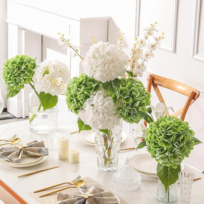 3Pcs Hydrangea Artificial Flowers, 22.44" Real Touch Latex Faux Hydrangea with Long Stems & Leaves for Home Office Decor or Wedding, Party, Centerpieces, Floral Arrangements (Green)