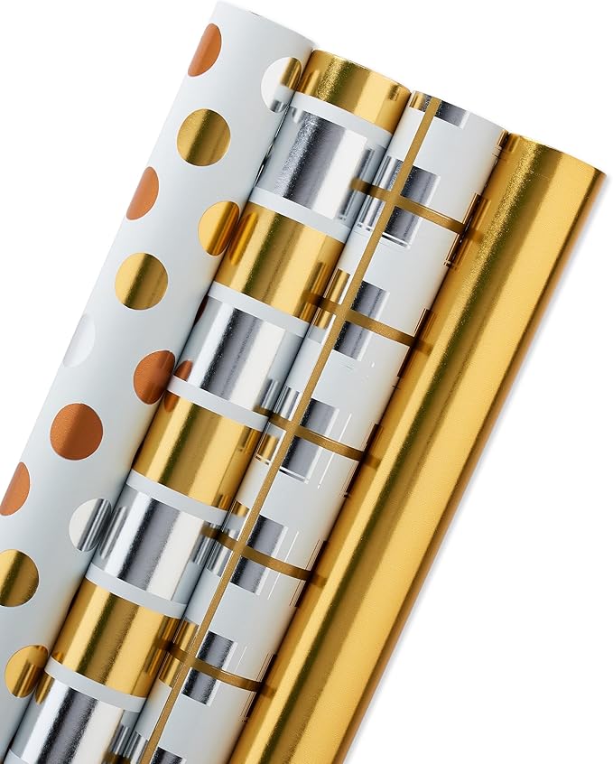 American Greetings Foil Wrapping Paper Rolls for Christmas, Weddings or Any Occasion, Metallic Gold and White Holiday Gift Wrap (80 sq. ft., 4 Rolls-30 in. x 8 ft., Reversible) Stripes, Polka Dots