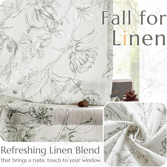 jinchan Floral Curtains 63 Inch Length Charcoal Grey Flower Linen Farmhouse Curtain for Living Room French Country Vintage Curtain Rod Pocket Curtains Set 2 Panels Gray Floral Printed
