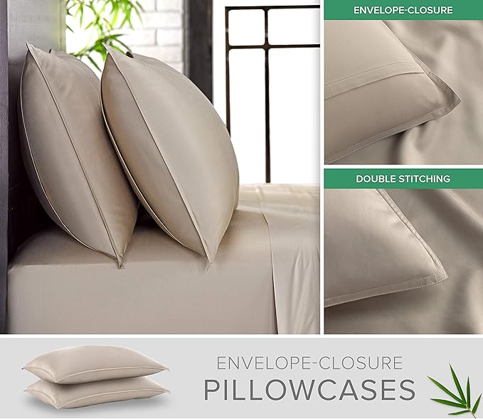 Pure Bamboo California King Sheets, Genuine 100% Organic Viscose Derived from Bamboo Bed Sheet Set, Soft & Cooling, Double Stitching, 2 Year Quality Promise (California King, Sand)