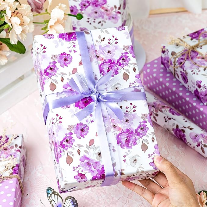 Yarcony Reversible Floral Wrapping Paper Roll, Purple Flower Gift Wrapping Paper, Watercolor Rose Design Wedding Gift Wrap for Girl Women Birthday, Mother's Day, Bridal Shower,Christmas (17Inx16.5Ft)