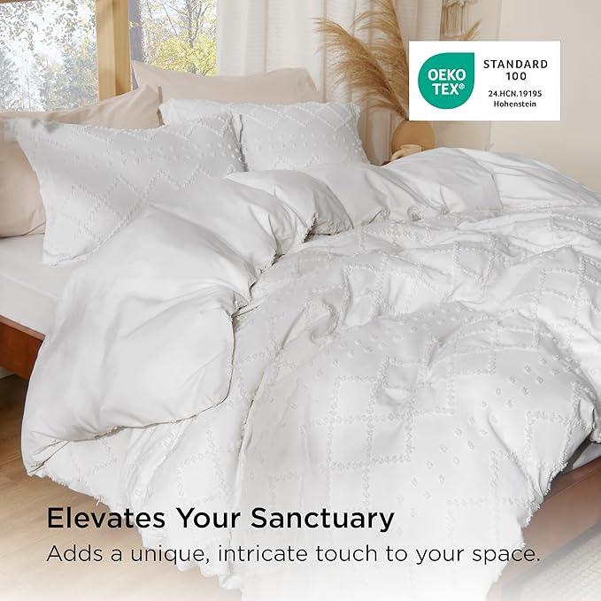 Bedsure Boho Duvet Cover Queen Size - White Breathable & Soft Boho Bedding, Machine Washable Comforter Cover for All Seasons, Includes 1 Duvet Cover 90"x90" with 2 Pillow Shams & Zipper Closure