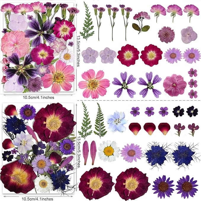 150PCS Purple Dried Pressed Flowers with Butterfly Stickers - YouthBro Real Nature Flowers Set for Resin DIY Jewelry Candle Soap Vase Making Nail Card Scrapbook Art Craft Floral Decors