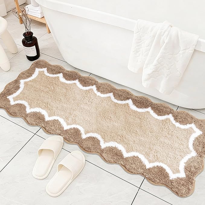 Cute Scalloped Beige Bathroom Rugs Mat,Non Slip Absorbent Quick Dry Bath Mats for Shower Room,Microfiber Bath Mats for Bathroom Floor Washable Carpet for Shower Tub Sink Bedroom,17"x47"
