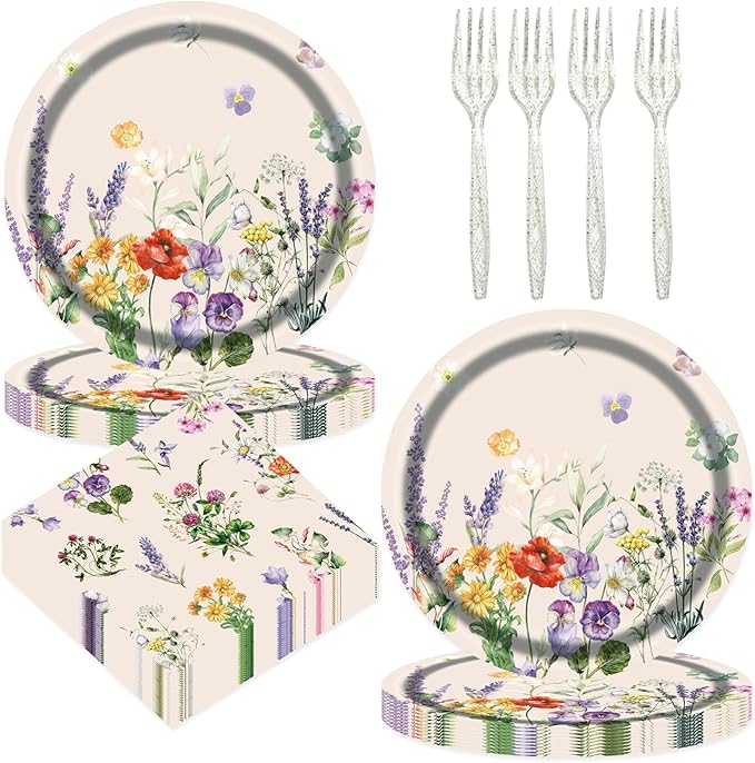 75pcs Floral Disposable Tableware Set, Spring Floral Paper Party Plates Napkins Forks Watercolor Flower Dinnerware Favors for Baby Shower Girls Women Birthday Tea Picnic Serve 25 Guests
