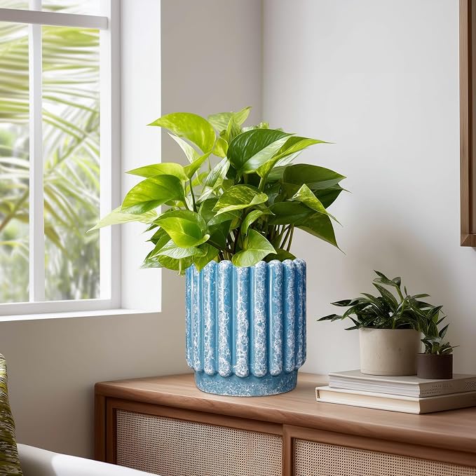 Ceramicfor Ceramic Planter - 7.6 Inch Ceramic Plant Pots with Drainage Hole, Decorative Flower Pots for Indoor Outdoor, Fluted Round Planter, Room Home Decor, Plant Lover Gifts for Women, Blue
