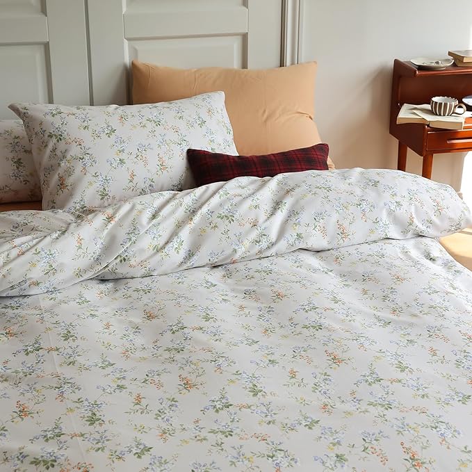 EAVD Vintage Style Garden Floral Duvet Cover Queen Soft Cotton Chic Shabby Floral Bedding Set with 2 Pillowcases Reversible Botanical Comforter Cover with Zipper Closure